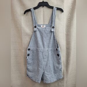 Cali 1850 Women's Blue White Striped Overalls Shorts Linen Pockets Size Medium